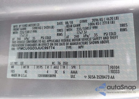 2018 Ford Escape Se z USA, uszkodzony, nr VIN 1FMCU0GD3JUC99774